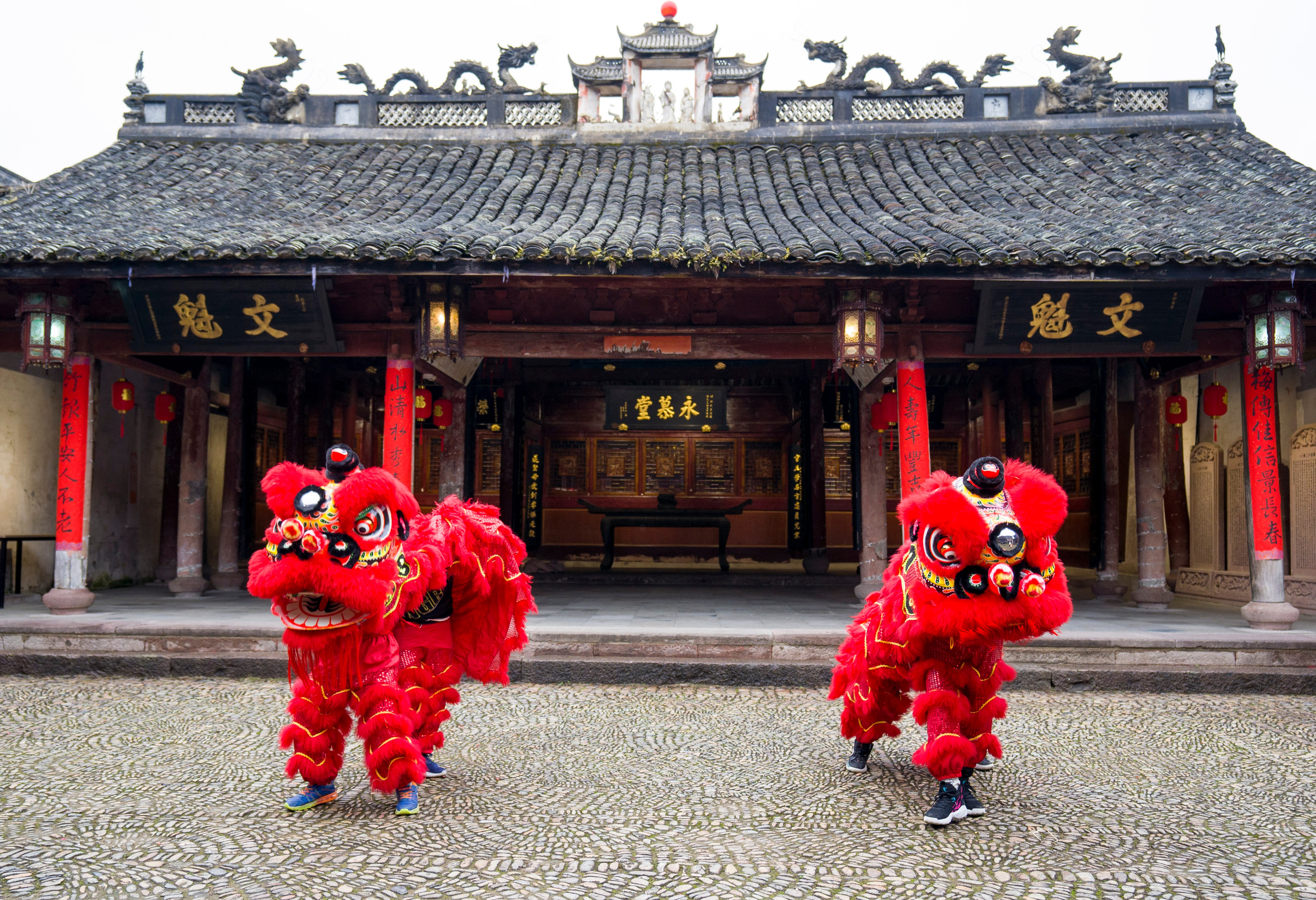 雄獅少年張鎮(zhèn)浩和舞獅隊(duì)的隊(duì)友們在前童鎮(zhèn)祠堂訓(xùn)練 寧?？h教育局供圖.jpg